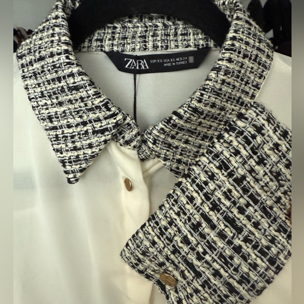 Zara Mixed Shirt Ecru Tweed Collar & Cuff Blouse XS